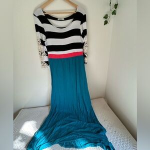 Chic Striped Maxi Dress with Teal Skirt